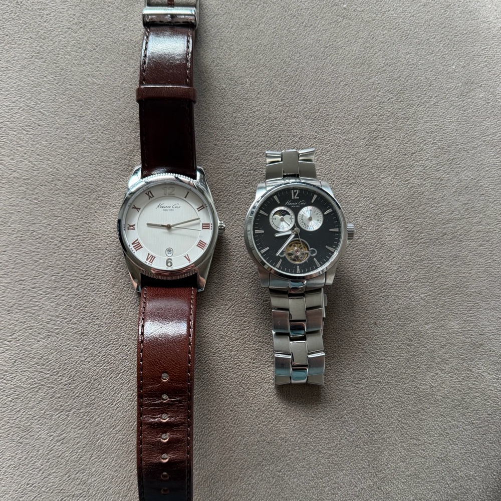 Kenneth Cole Watches Silver Metal Automatic Watch- Brown leather white Face